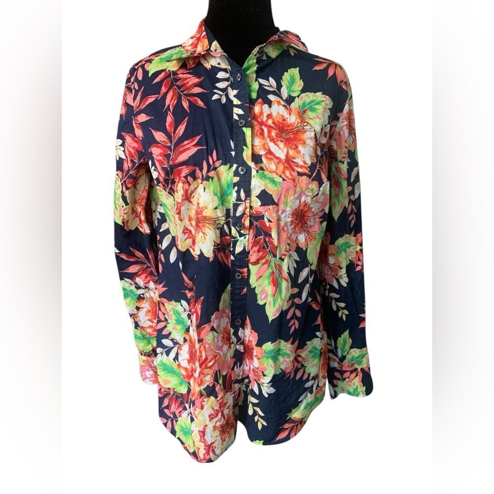Talbots Navy Floral Print Cotton Button Down Roll Tab Blouse M Breathable Spring